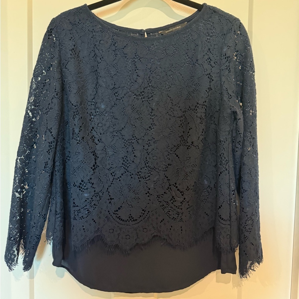 Banana Republic Navy long sleeve lace blouse